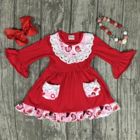 Other - Valentine's Day Love Birds Girls Long Sleeve Ruffle Dress
